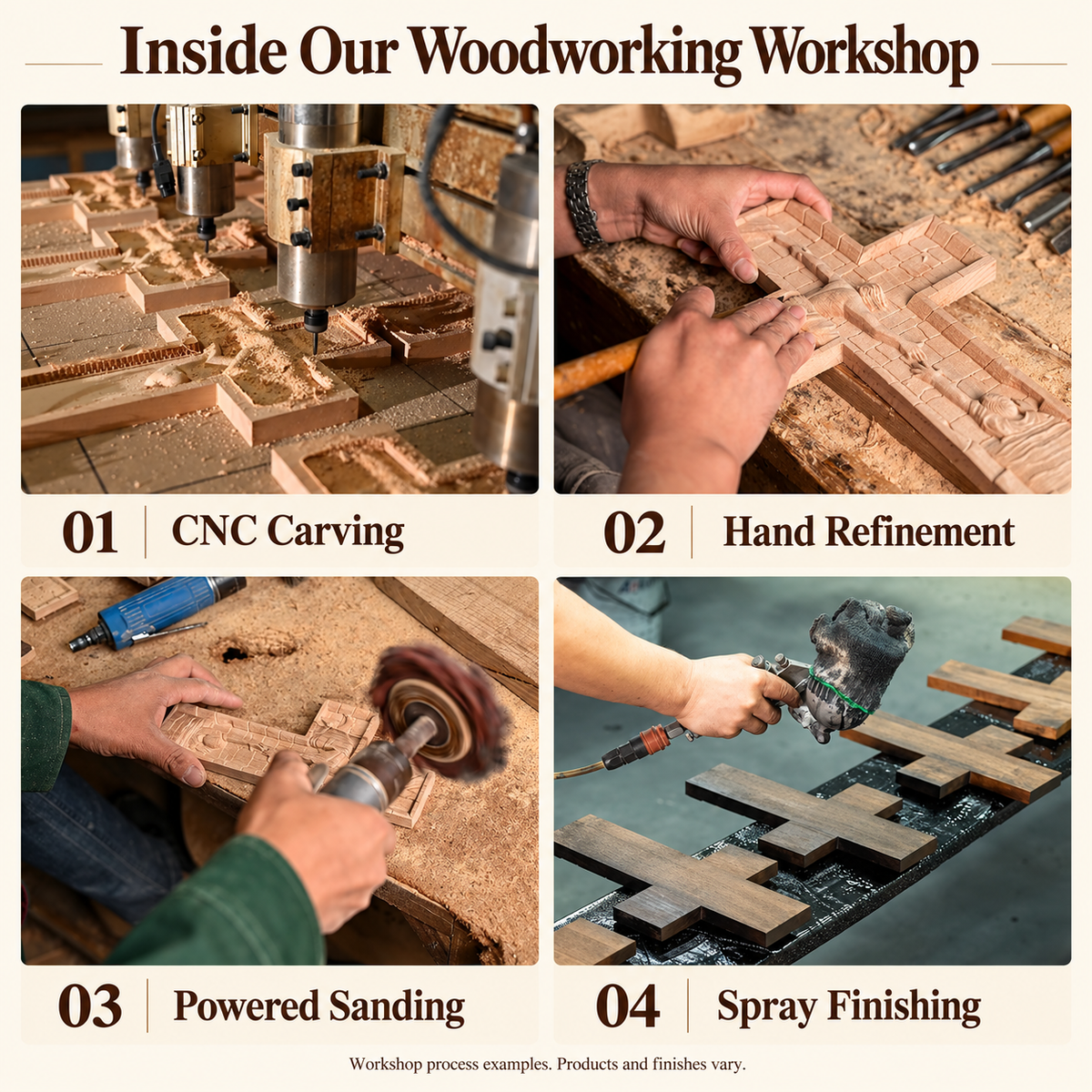 MOKARVE woodworking workshop examples: CNC machining, hand refinement, powered sanding and spray application. Processes vary by design; not the production record of every product.