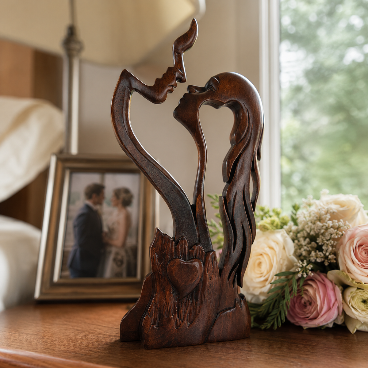 Retro Color wooden couple sculpture beside a wedding photograph and flowers in a styled scene.