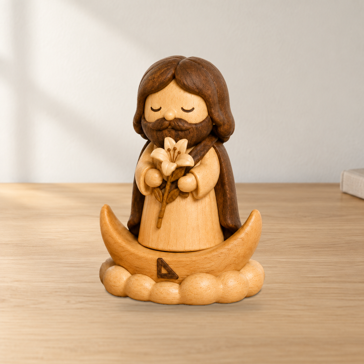 St. Joseph with Lily wood inlay figurine displayed on a wooden tabletop.
