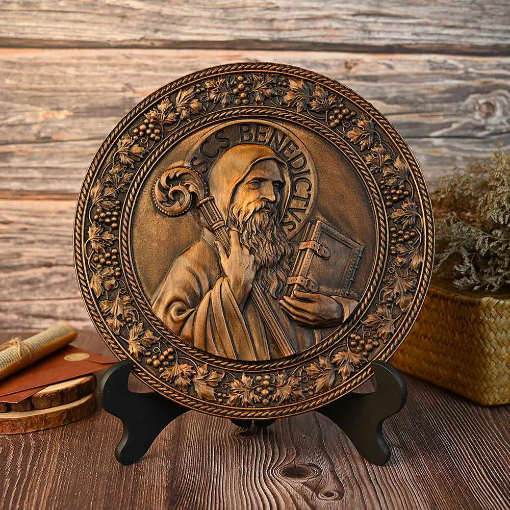 Saint Benedict religious icon, natural wood carved wall decoration - mokarve