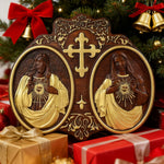 Sacred Hearts of Jesus & Mary Beechwood Plaque – Hand-Carved Devotional Art for Home Prayer for Christian home decor and prayer spaces