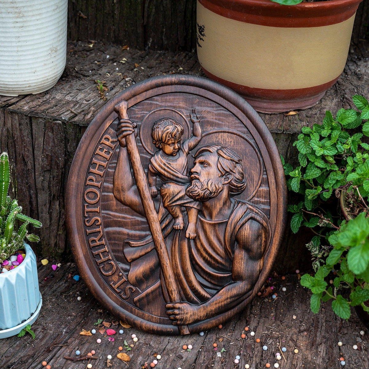 St.Christopher Christian Wood Carving Plaque/The patron saint of travelers - mokarve