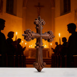 Ornate Wooden Cross - Carved from natural wood - size and finish detail
