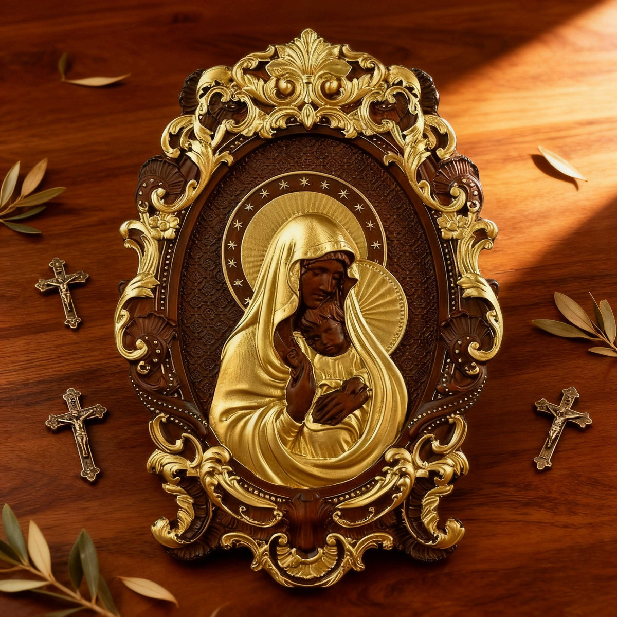 Mother Mary with Baby Jesus Wood Carving Decor for Christian home decor and prayer spaces