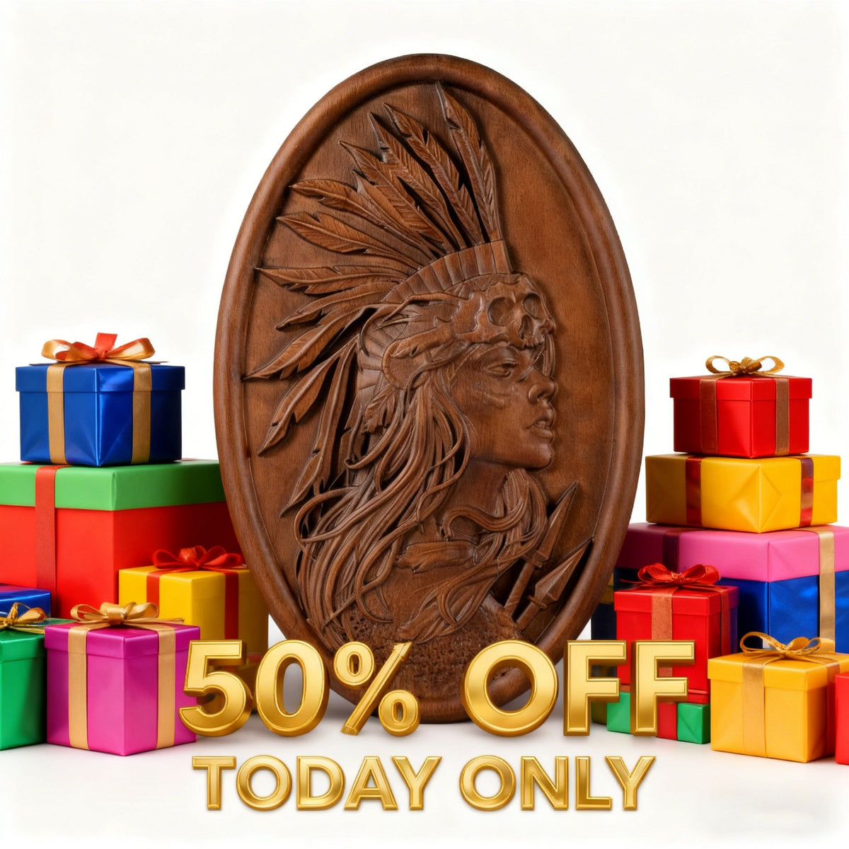 Native American Indian woman natural wood carving decoration, native day gift - side view
