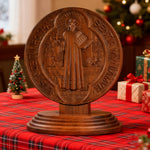 St. Benedict Double-Sided Wooden Desk Plaque: A Christian Symbol of Protection & Faith - side view