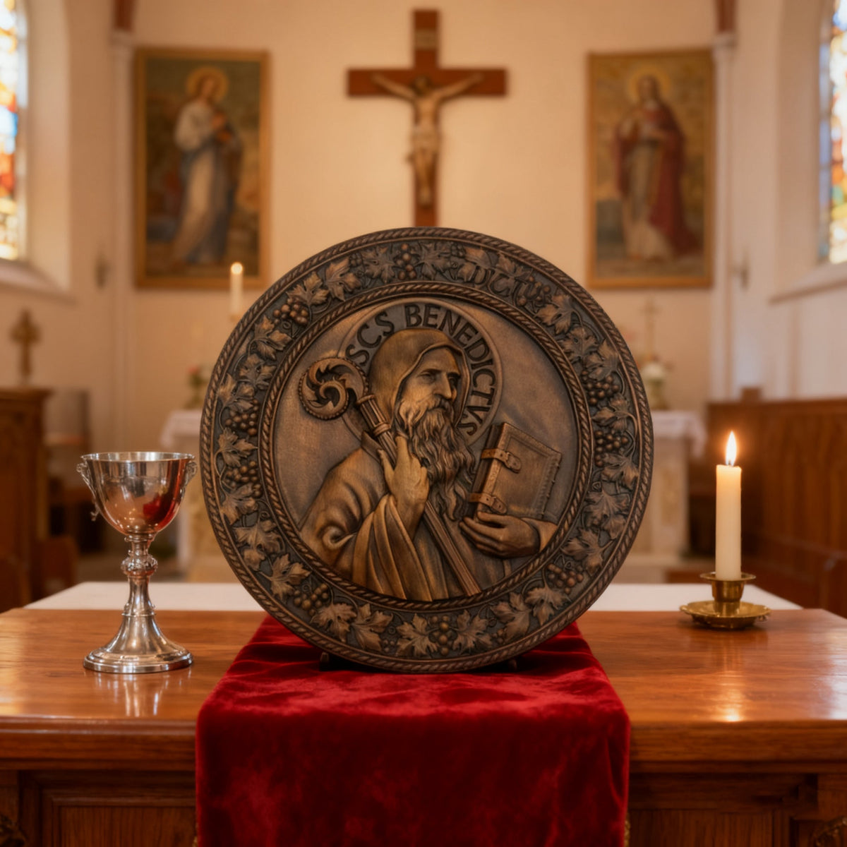 Saint Benedict religious icon, natural wood carved wall decoration - design detail