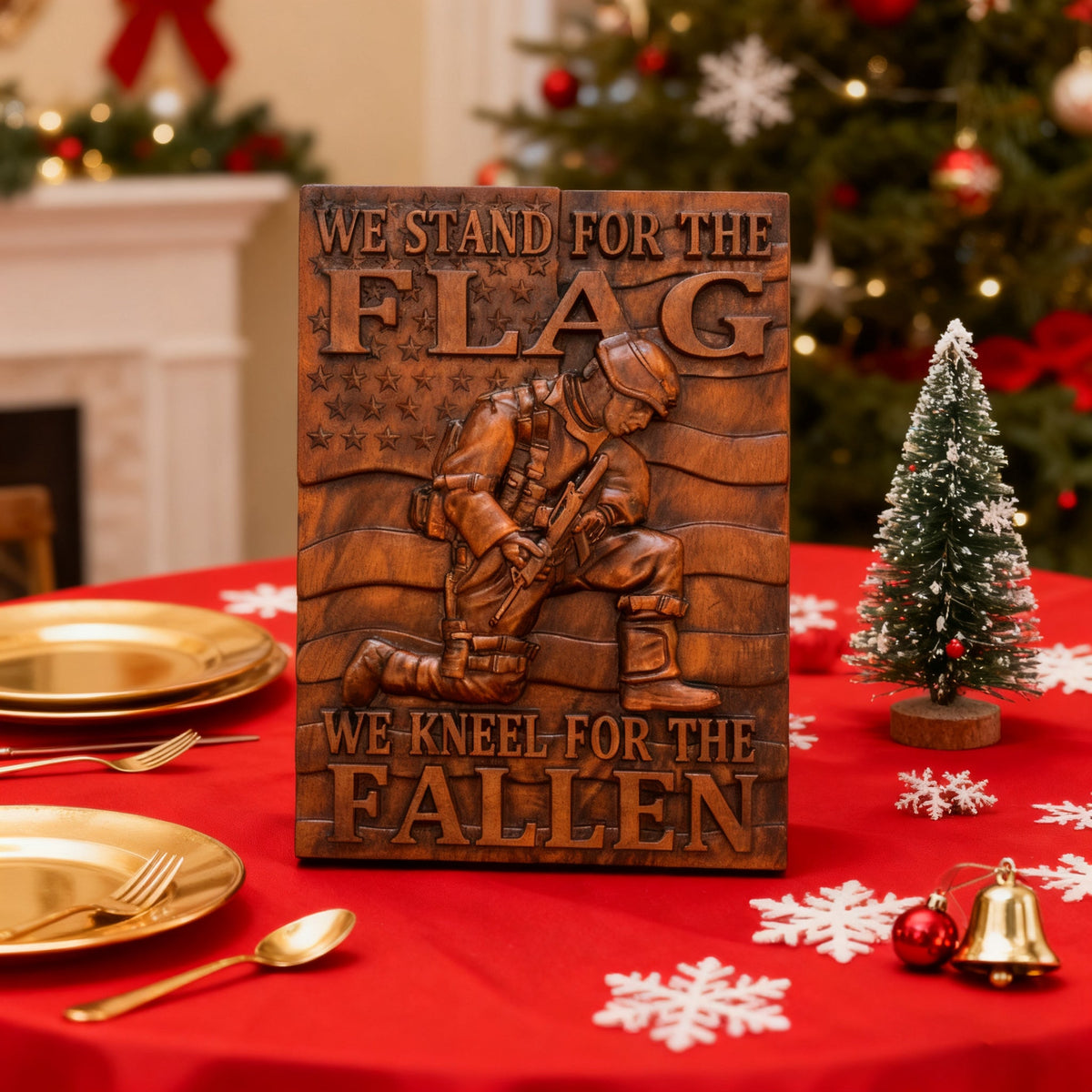 We Stand For The Flag, We Kneel For The Fallen -American soldier wood carving memorial icon wooden home decor product image