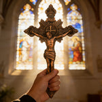 Wood Carving of Jesus Cross with St. Benedict's Exorcism - design detail