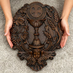 First Communion Christian Wood Carving - Sacrament of the Holy Eucharist Plaque - side view