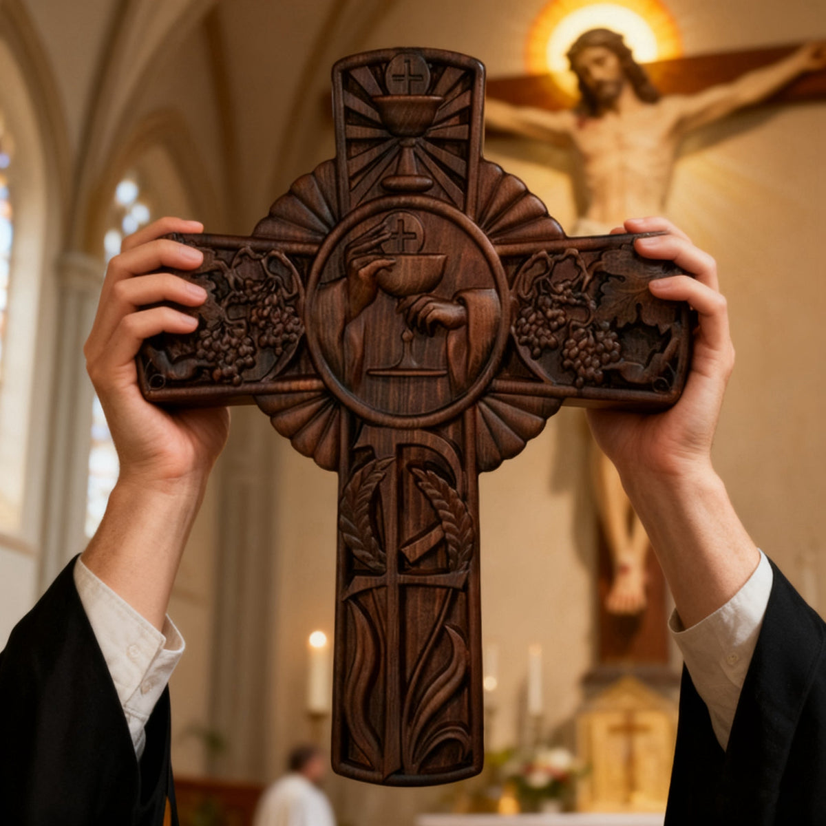 Eucharistic Chalice Wooden Cross: A Christian Symbol of the Last Supper & Redemption - design detail