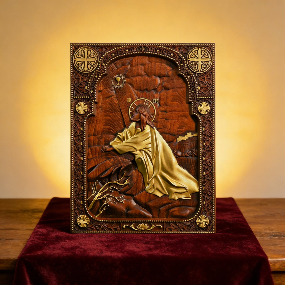 Jesus in Gethsemane Hand-Carved Wood Wall Art: The Weight of His Humble Sorrow - product view