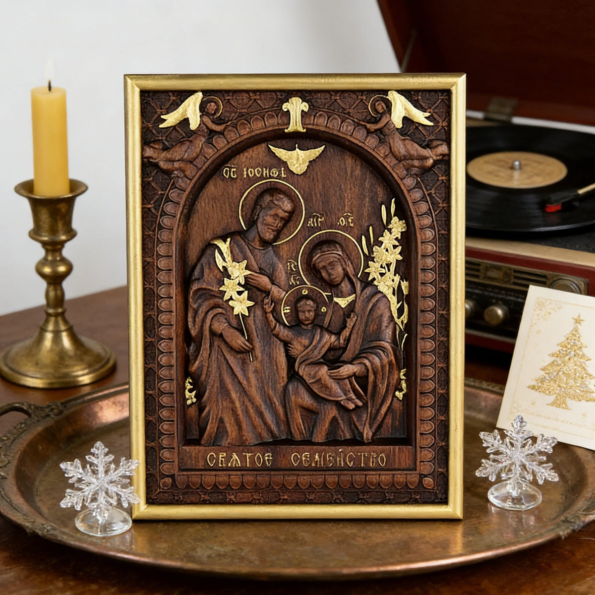 Beechwood Holy Family Wall Hanging: Carving Devotion in Wood, Bringing Sacred Warmth for Christian home decor and prayer spaces