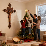 Wood Carving of Jesus Cross with St. Benedict's Exorcism - size and finish detail