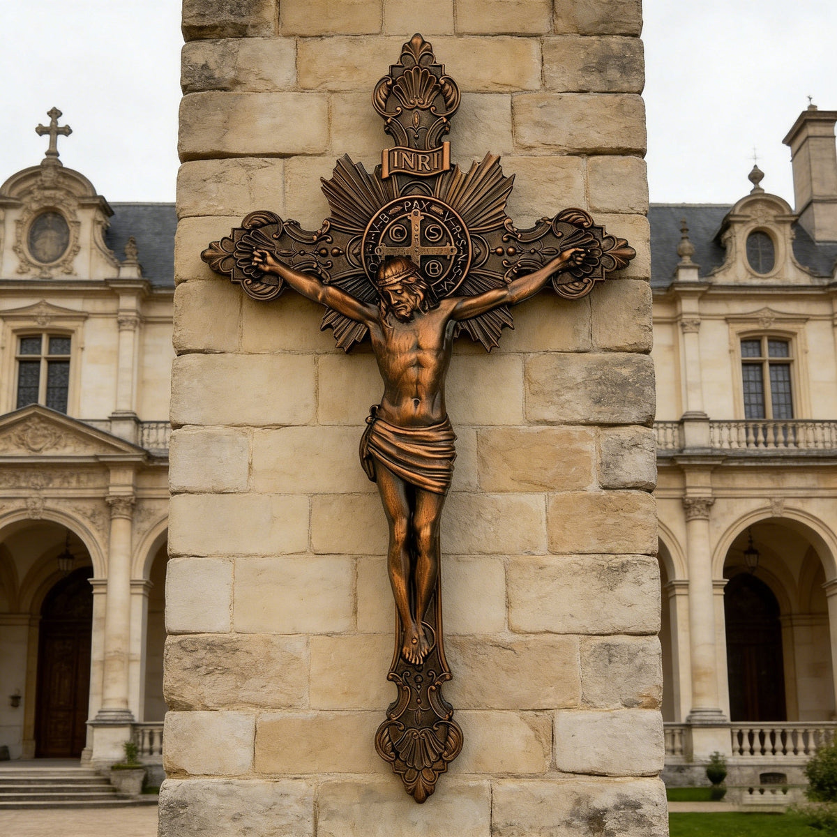 Wood Carving of Jesus Cross with St. Benedict's Exorcism for Christian home decor and prayer spaces