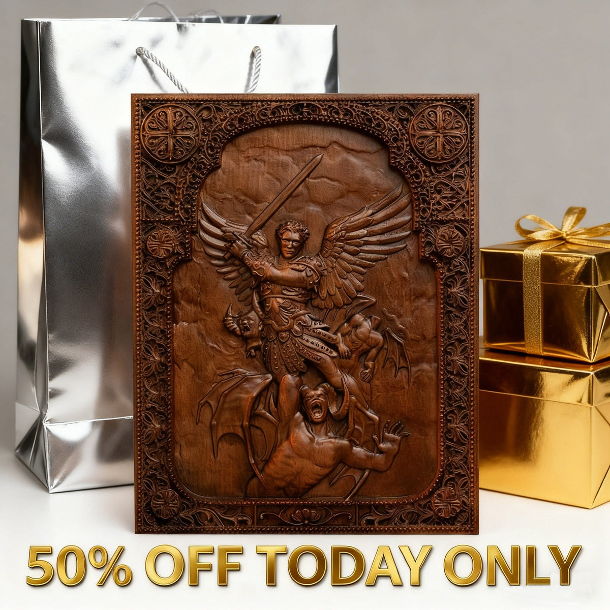 Archangel Michael solid wood religious carving for Christian home decor and prayer spaces