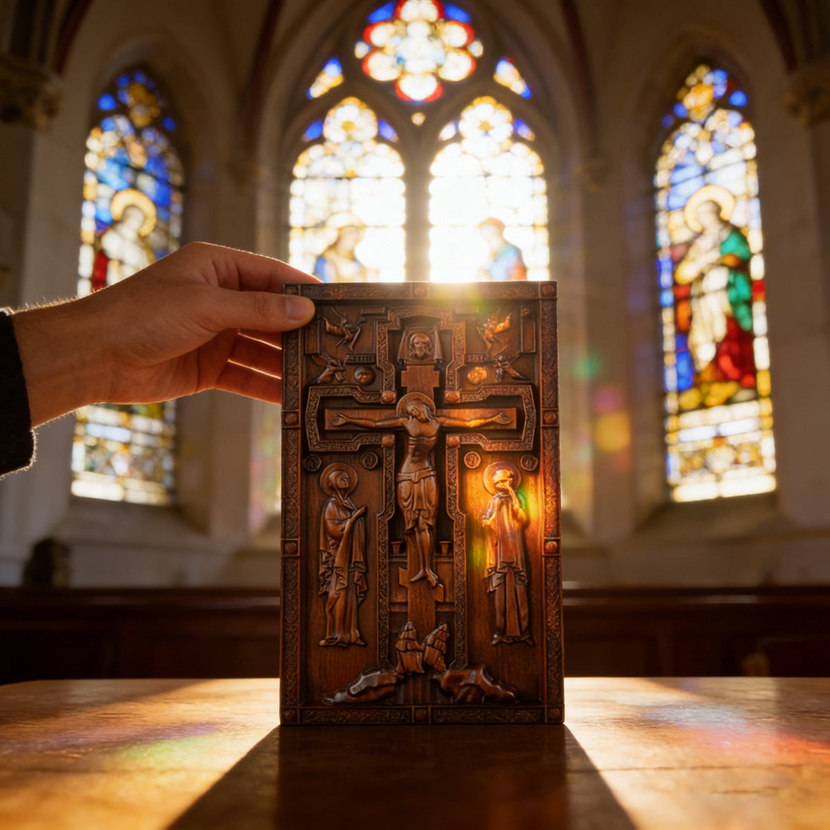 Hand-Carved Crucifix Wood Plaque: A Sacred Tribute to Redemption for Christian home decor and prayer spaces
