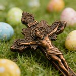 Wood Carving of Jesus Cross with St. Benedict's Exorcism - side view