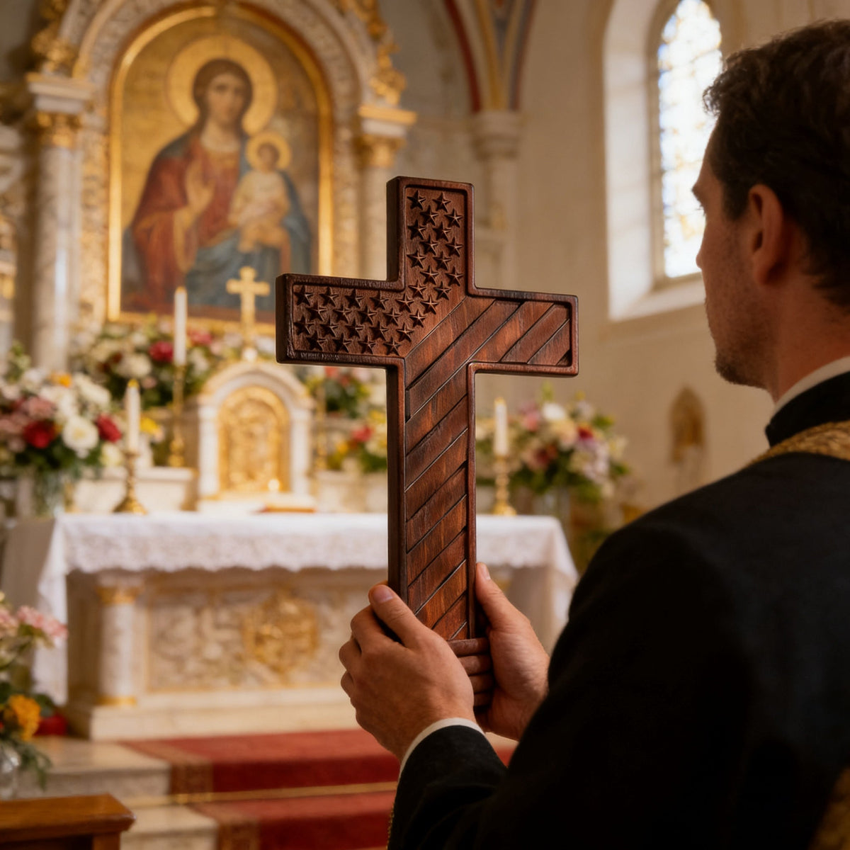 American Flag Cross - Carved in Natural Wood - design detail