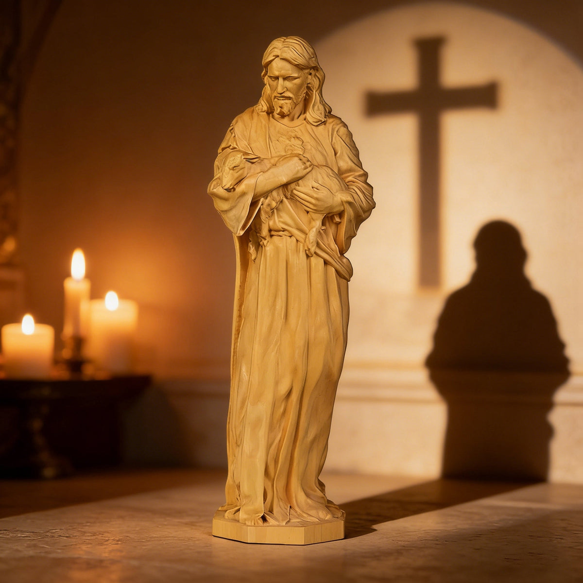 Jesus as the Good Shepherd Wooden Circular Sculpture: Desktop Decoration - design detail