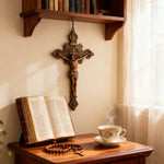Wood Carving of Jesus Cross with St. Benedict's Exorcism - product view