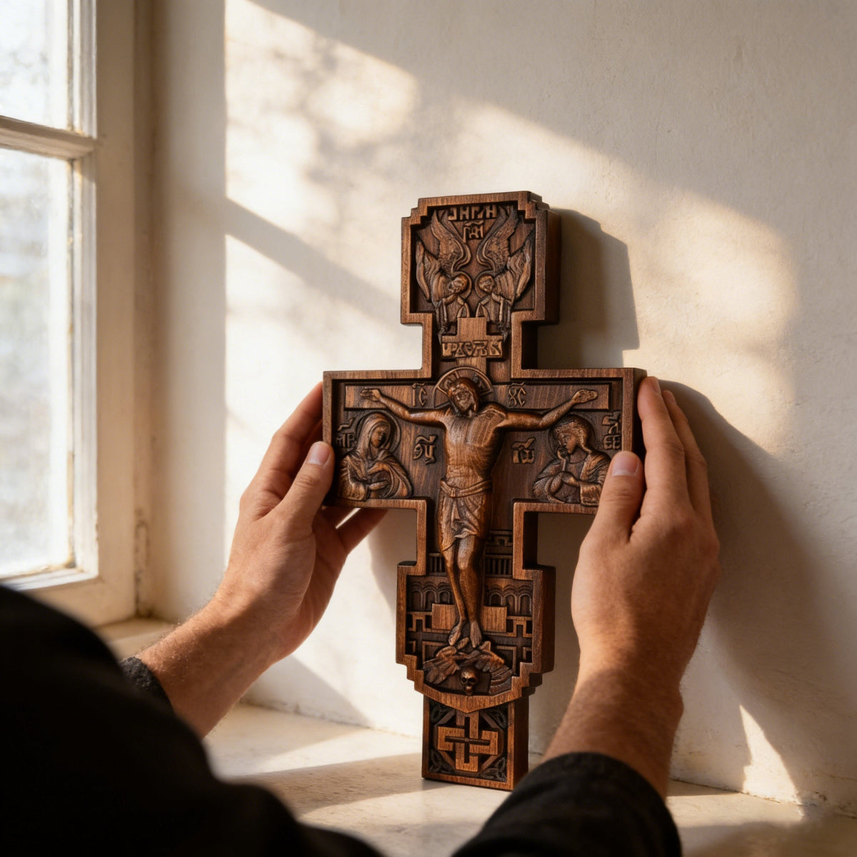 Eastern Orthodox Crucifixion Cross Wall Decor - Faith & Redemption Theme Wooden Carved Wall Hanging for Christian home decor and...