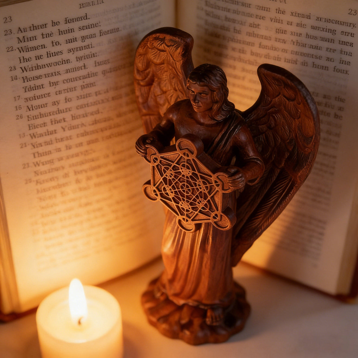 Metatron Angel Cube Beechwood Guardian Ornament: Soulful Resonance of Faith and Art - design detail