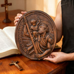 St.Christopher Christian Wood Carving Plaque/The patron saint of travelers - size and finish detail
