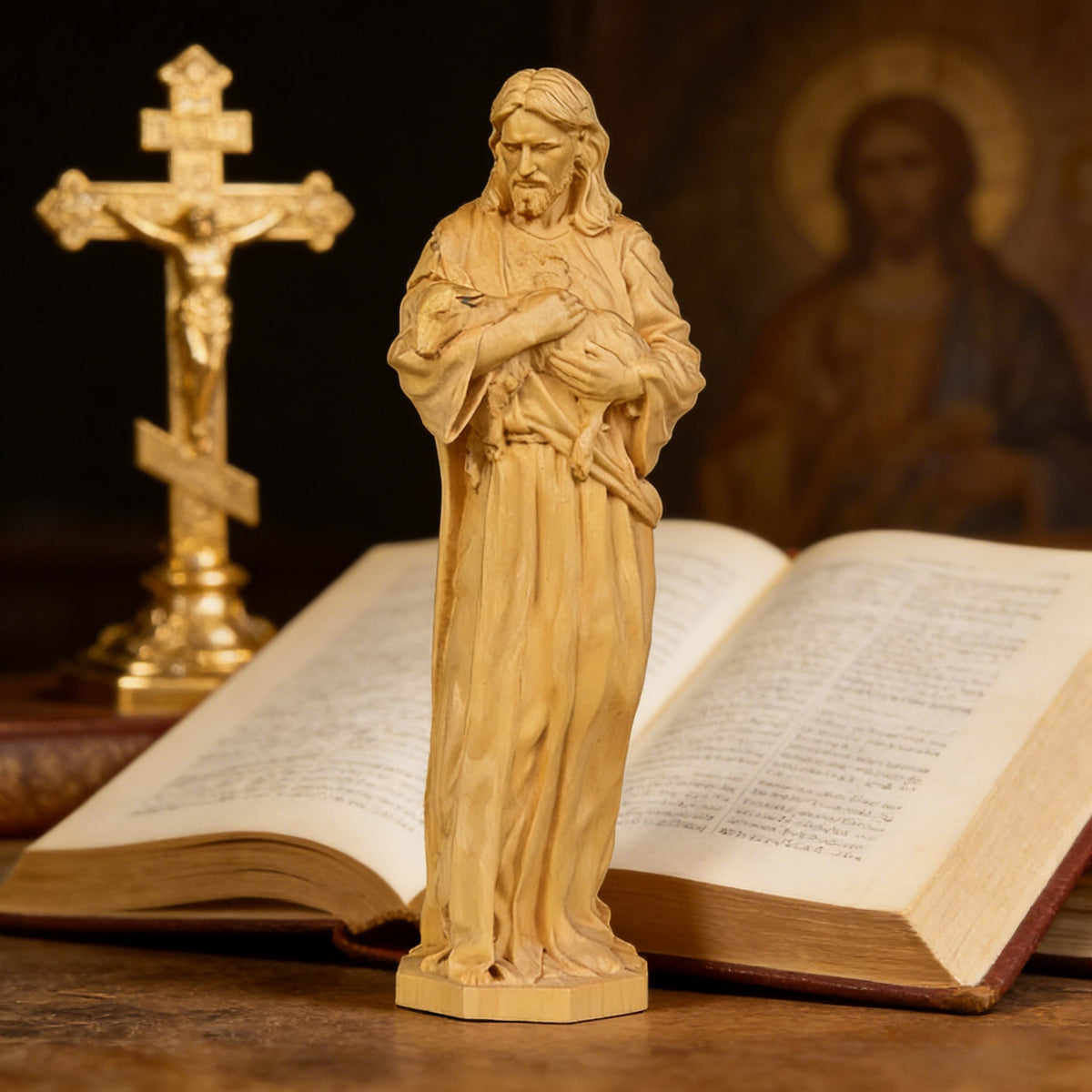 Jesus as the Good Shepherd Wooden Circular Sculpture: Desktop Decoration for Christian home decor and prayer spaces
