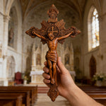 Wood Carving of Jesus Cross with St. Benedict's Exorcism - design detail