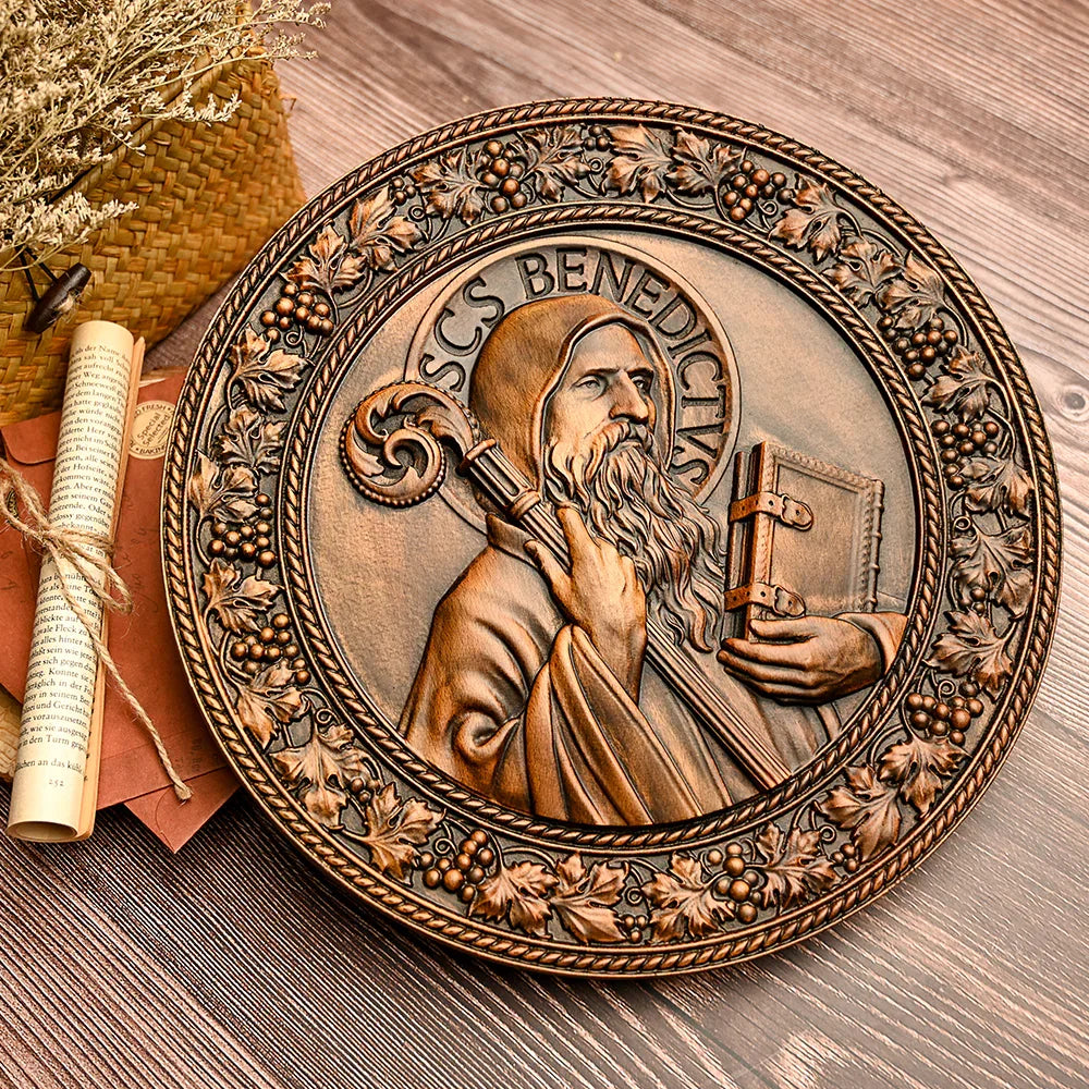 Saint Benedict religious icon, natural wood carved wall decoration - mokarve