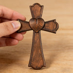 Eternal Heart Hand-Carved Wood Cross: Faith Woven with Love - side view
