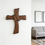 Minimalist Twist Wooden Hand Carved Cross for Wall Decor, Religious Gift Cross - design detail