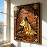 Jesus in Gethsemane Hand-Carved Wood Wall Art: The Weight of His Humble Sorrow for Christian home decor and prayer spaces