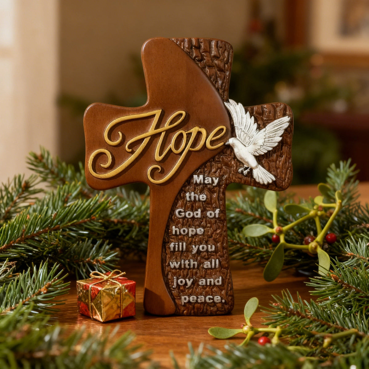 Ornate "Love" "Faith" "Hope" Wooden Cross, Solid Wood Cross - side view