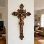 Wood Carving of Jesus Cross with St. Benedict's Exorcism - craftsmanship detail