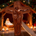 🕯 Joan of Arc Cross Wood Carving – Our Lady of Sorrows / Crucifix - Christian gift presentation