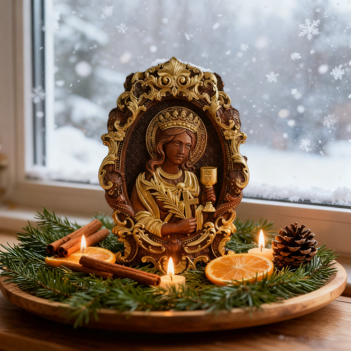 🛡 Saint Barbara Wood Carving – Handcrafted Devotional Art - design detail