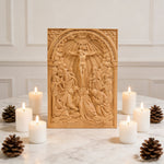 Handcarved Beechwood Crucifix Relief — Let His Sacrifice Settle Into Your Days - design detail