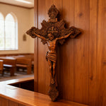 Wood Carving of Jesus Cross with St. Benedict's Exorcism - size and finish detail