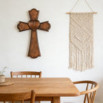 Eternal Heart Hand-Carved Wood Cross: Faith Woven with Love - size and finish detail