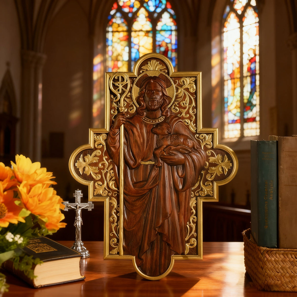 The Good Shepherd Wooden Cross: A Christian Symbol of Christ’s Unfailing Care - design detail