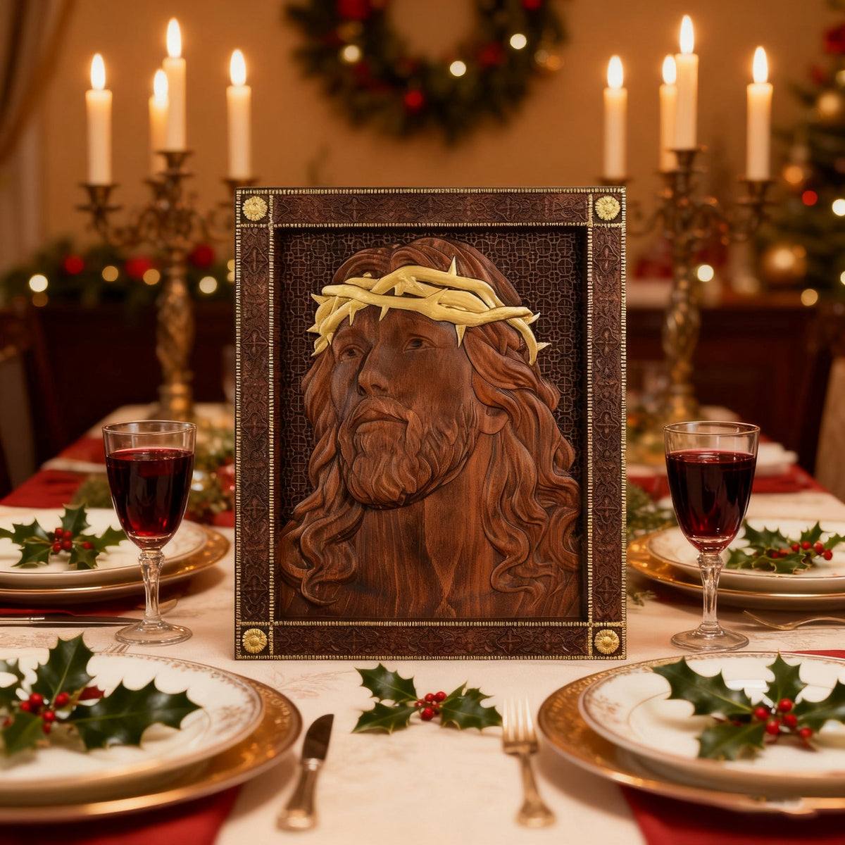 ✝ Hand-Carved Jesus Thorn Crown Wood Art: A Christian Symbol of Redemption & Grace - design detail