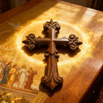 Ornate Wooden Cross - Carved from natural wood - product view