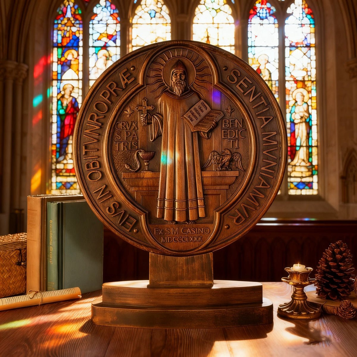 St. Benedict Double-Sided Wooden Desk Plaque: A Christian Symbol of Protection & Faith - product view
