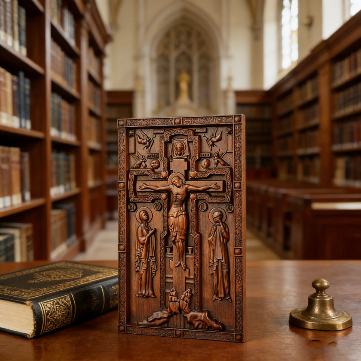Hand-Carved Crucifix Wood Plaque: A Sacred Tribute to Redemption - design detail