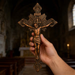 Wood Carving of Jesus Cross with St. Benedict's Exorcism - size and finish detail