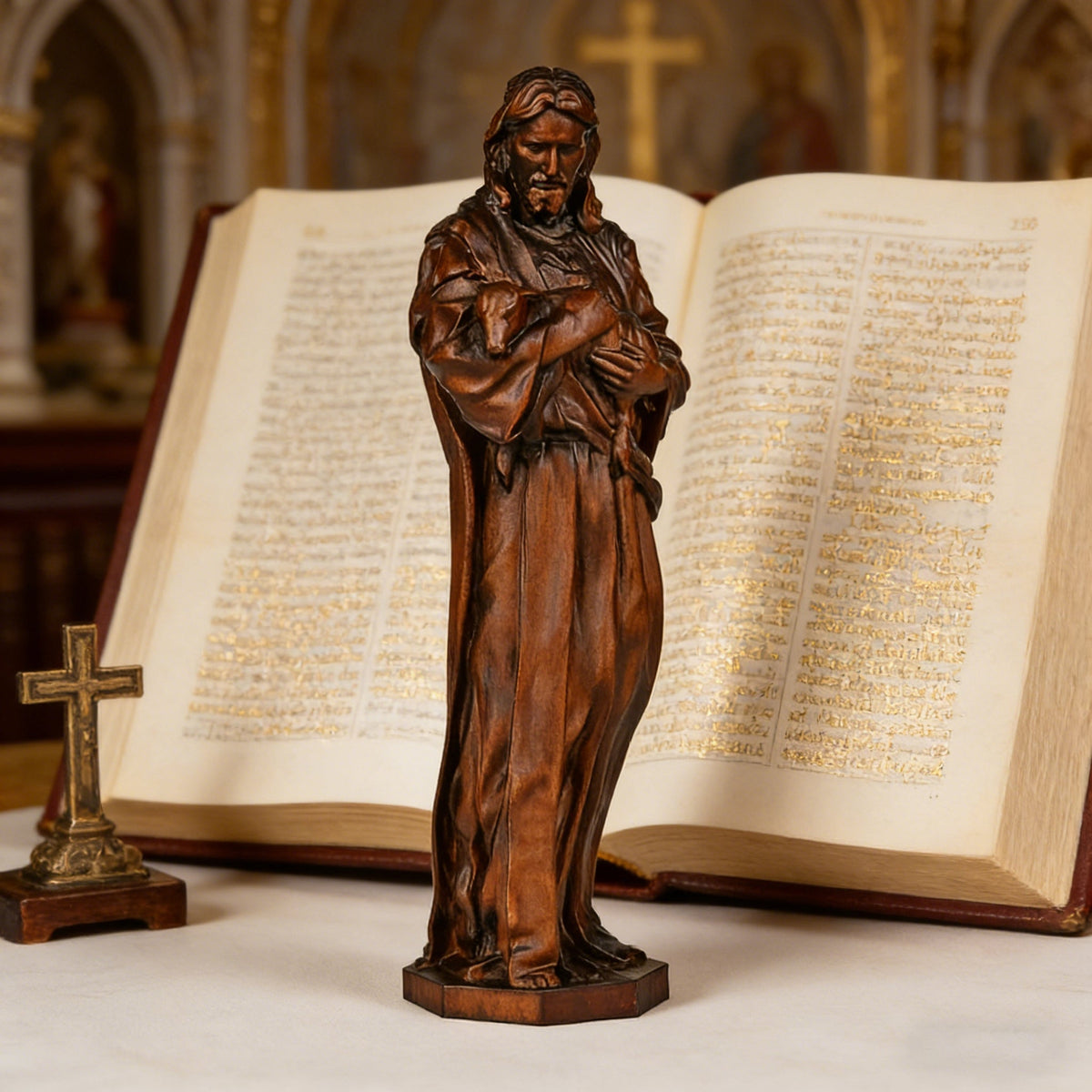 Jesus as the Good Shepherd Wooden Circular Sculpture: Desktop Decoration - side view