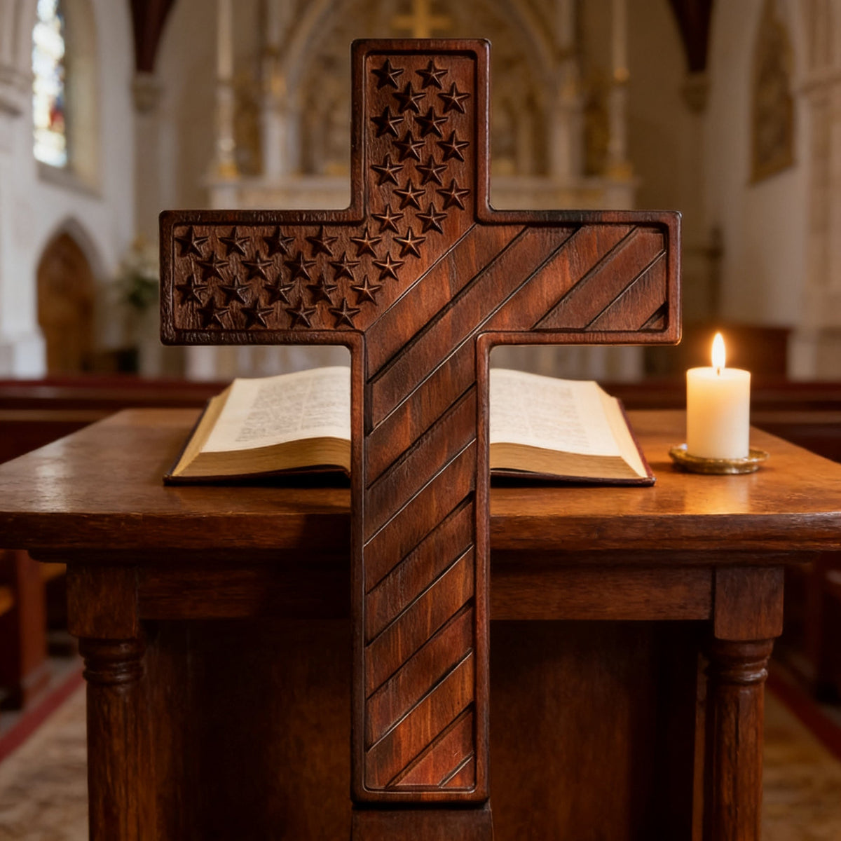 American Flag Cross - Carved in Natural Wood for Christian home decor and prayer spaces