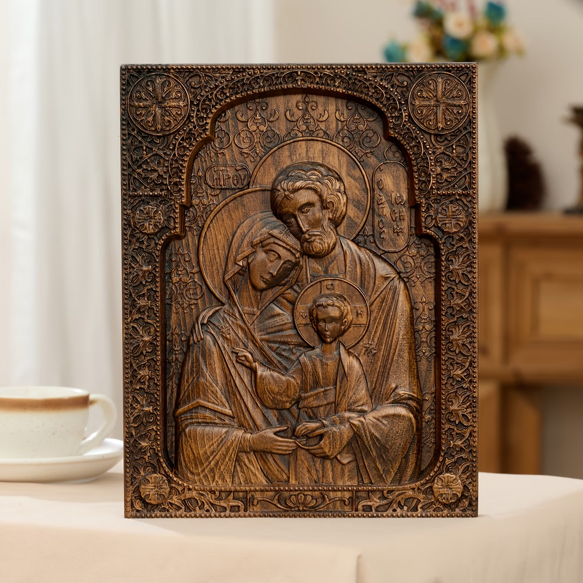 Holy family Nativity Wood Carving Gift Religious Byzantine Icon - craftsmanship detail